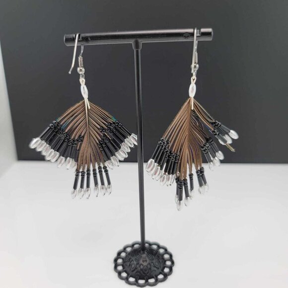 Beaded peacock feather earrings. GUC - Picture 2 of 7